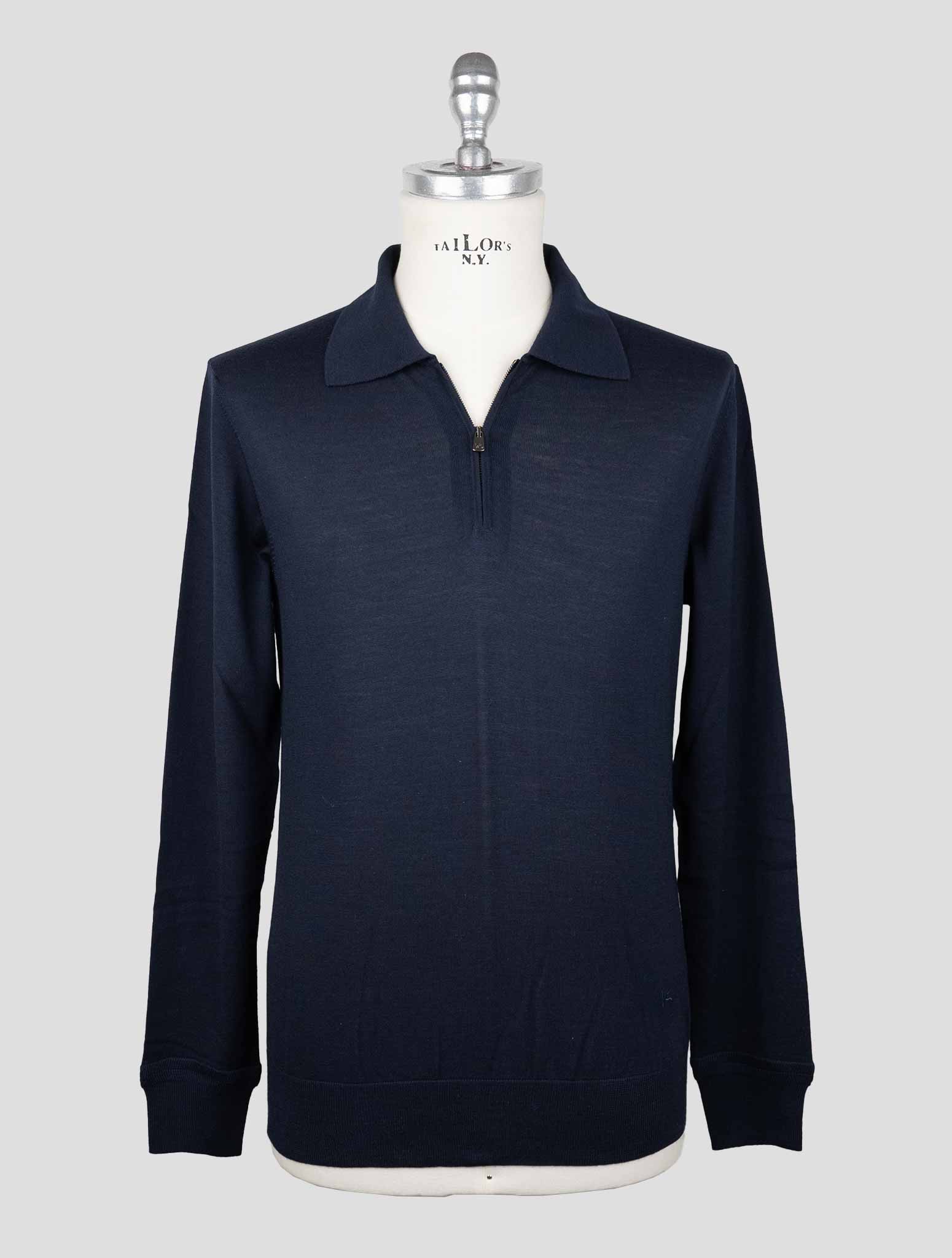 Isaia Blue Wool Sweater Polo Half Zip