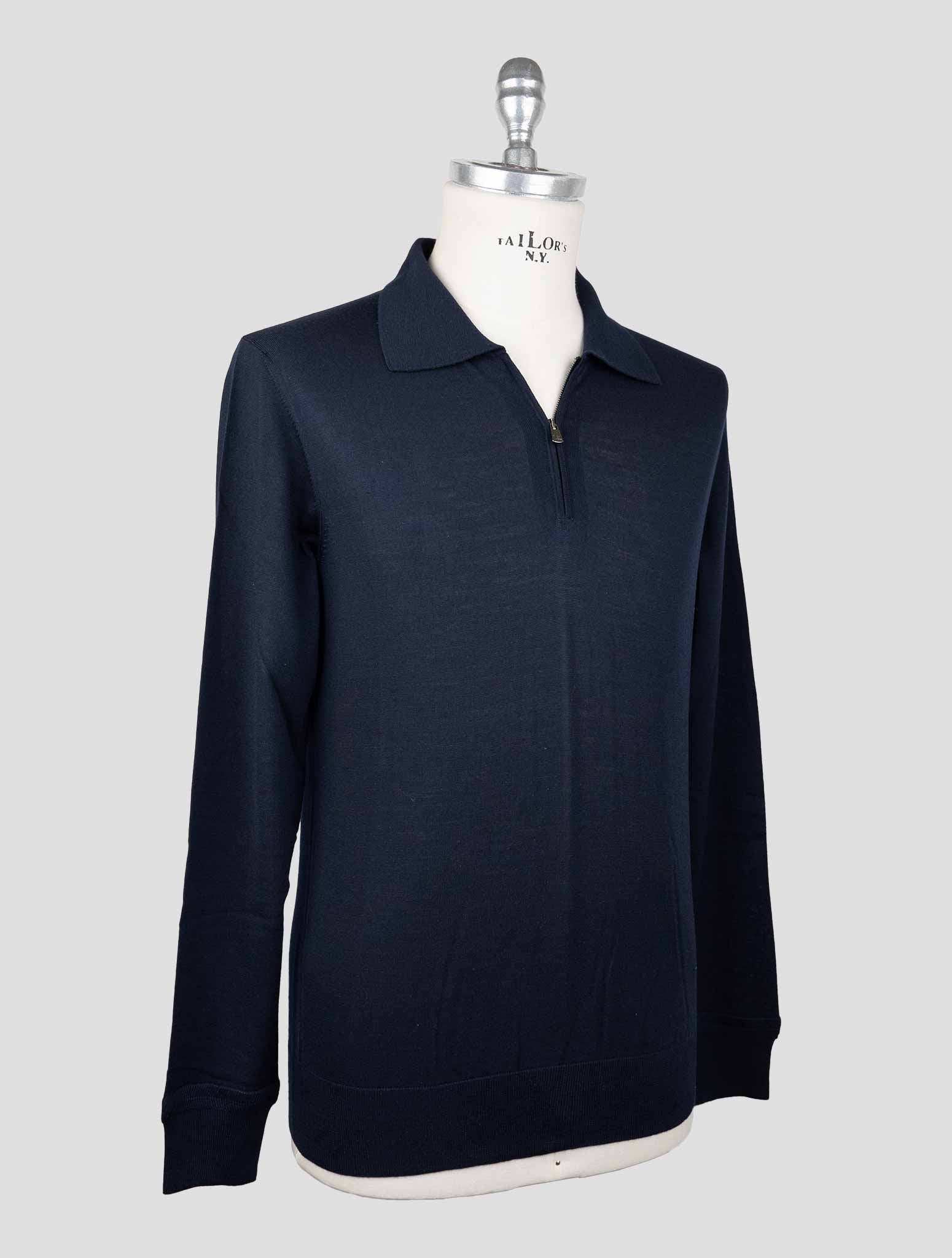 Isaia Blue Wool Sweater Polo Half Zip