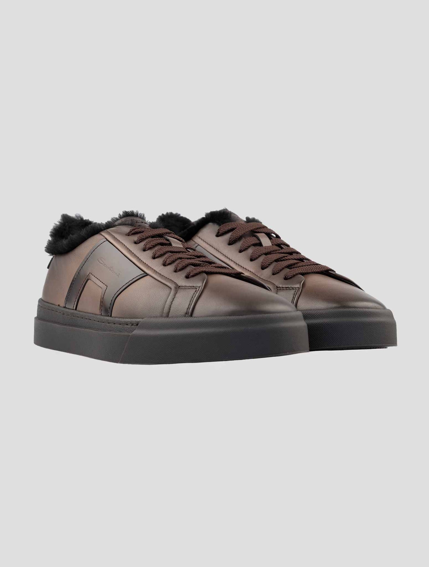 Santoni Brown Leather Sheep Sneakers
