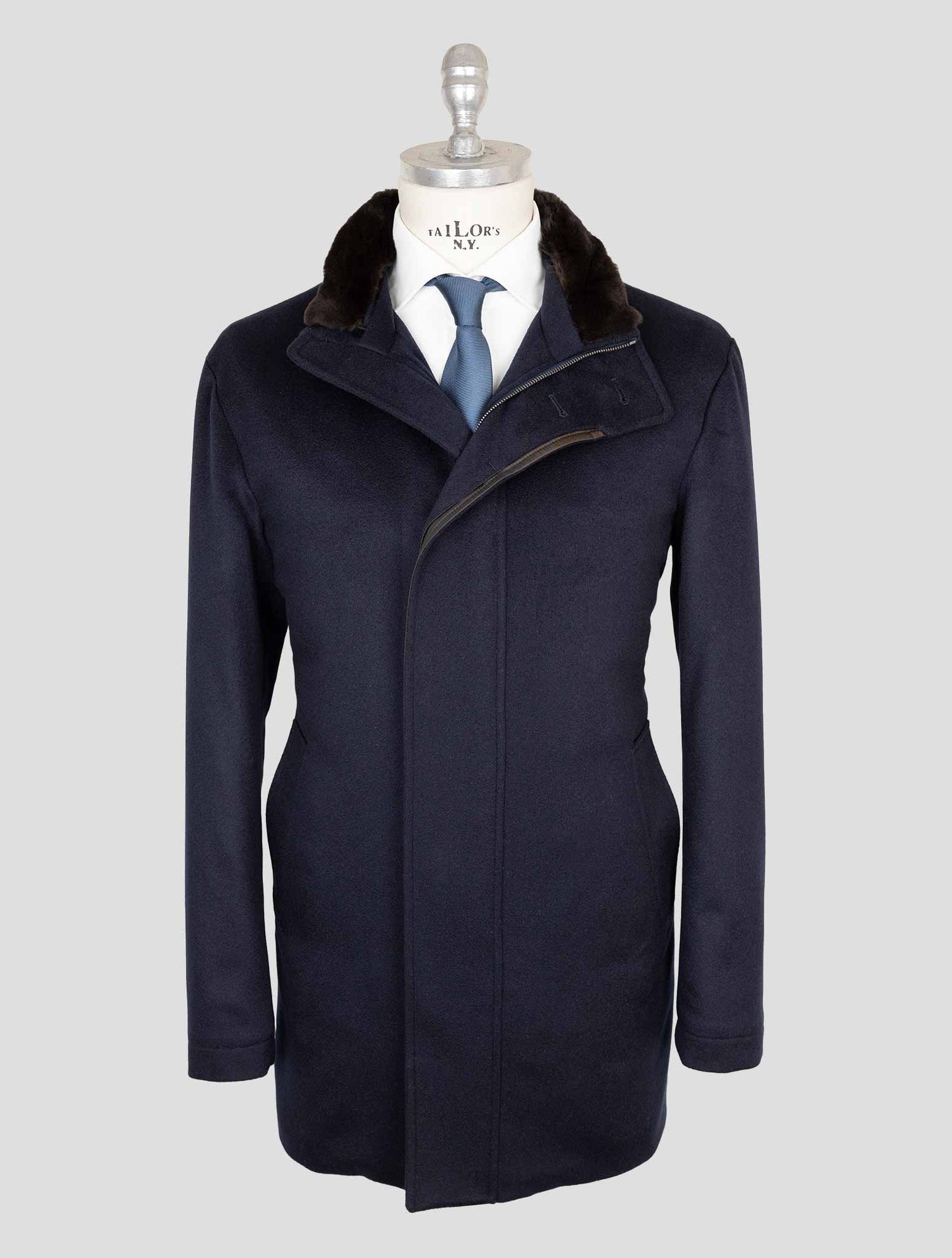 Cesare Attolini Dark Blue Cashmere Mink Fur collar Overcoat