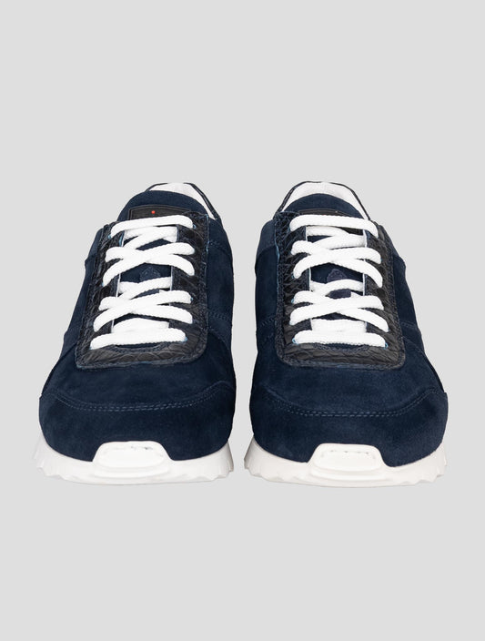 Kiton Blue Leather Suede Leather Crocodile Sneakers