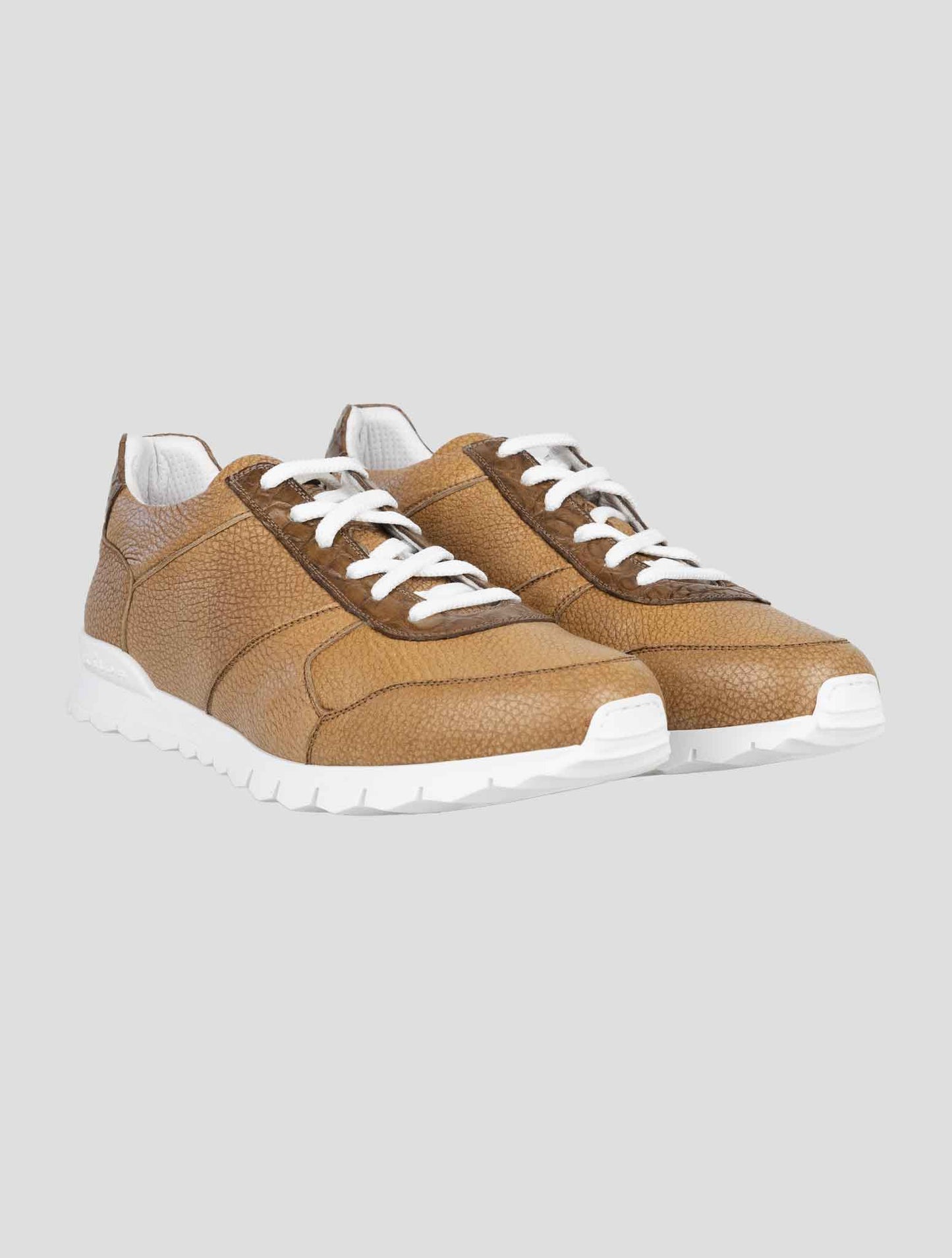 Kiton Brown Leather And Leather Crocodyle Sneakers