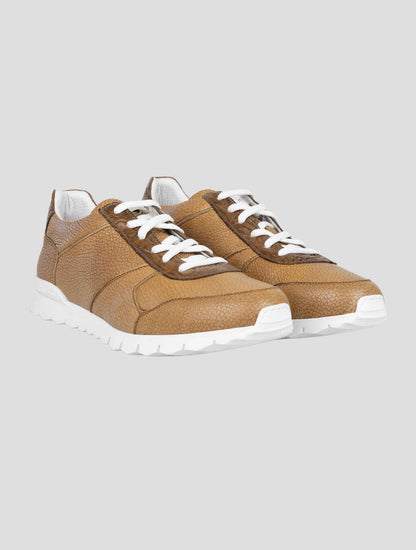 Kiton Brown Leather And Leather Crocodyle Sneakers