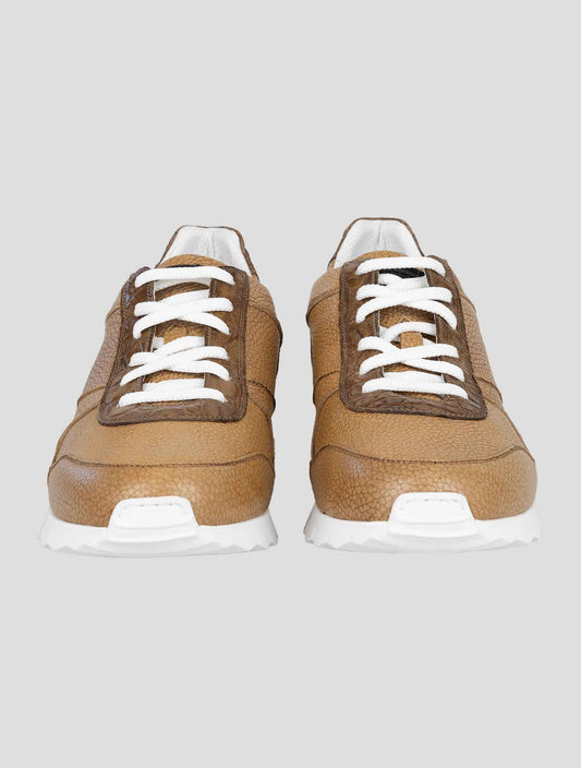 Kiton Brown Leather And Leather Crocodyle Sneakers