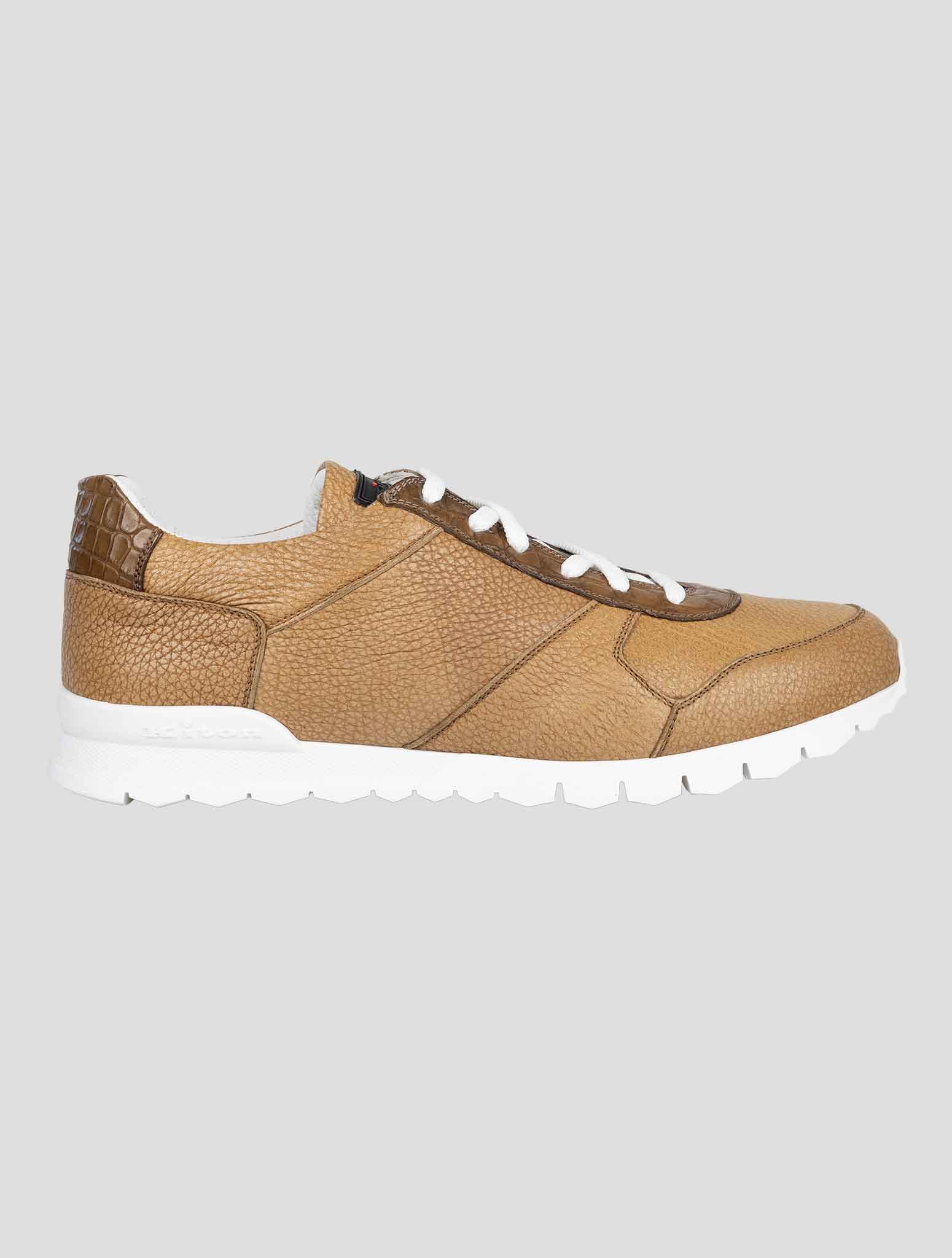 Kiton Brown Leather And Leather Crocodyle Sneakers