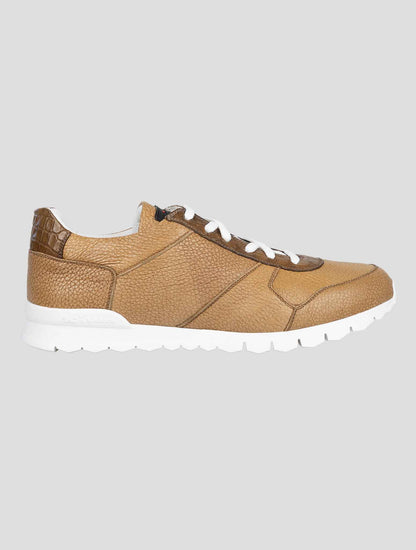 Kiton Brown Leather And Leather Crocodyle Sneakers