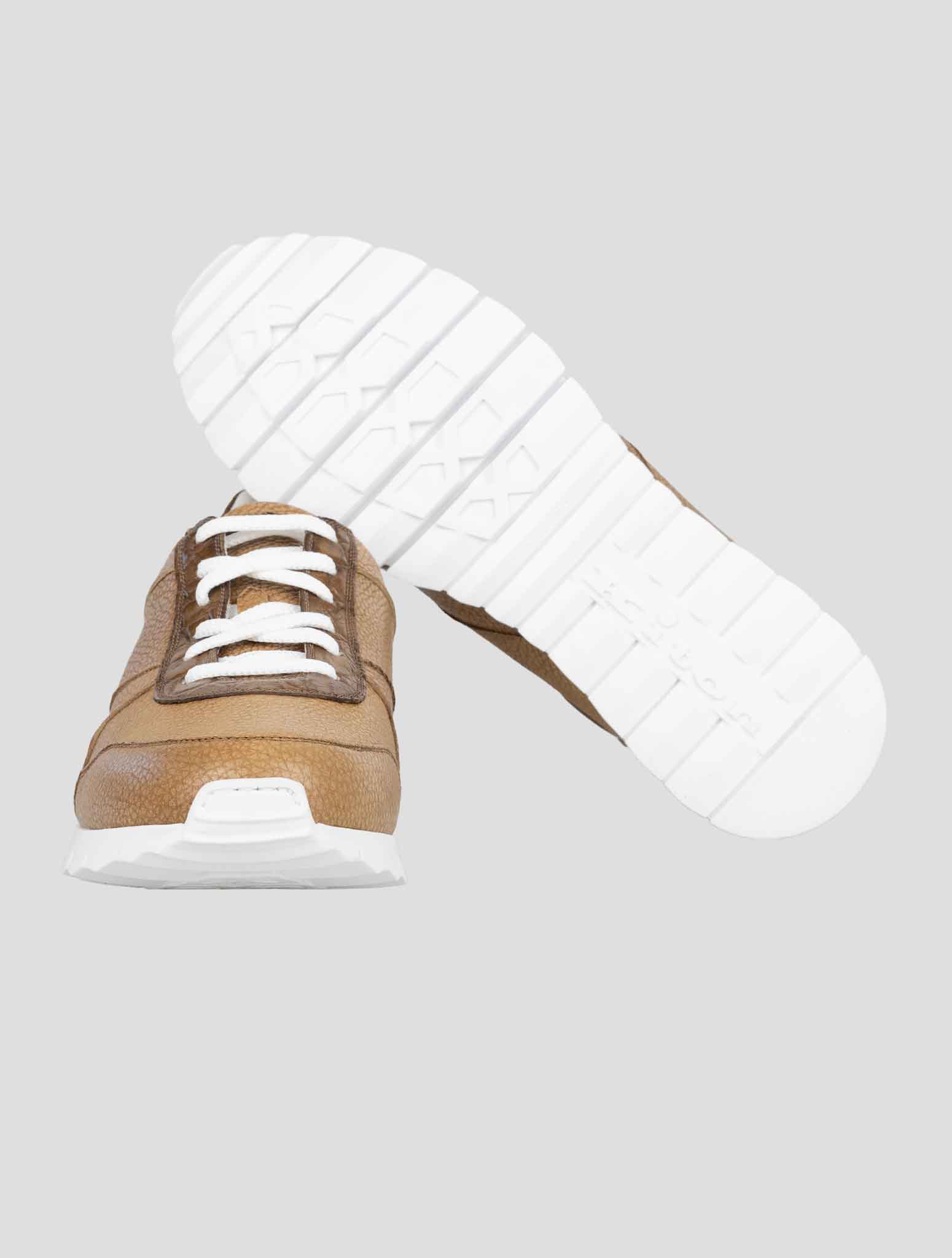 Kiton Brown Leather And Leather Crocodyle Sneakers