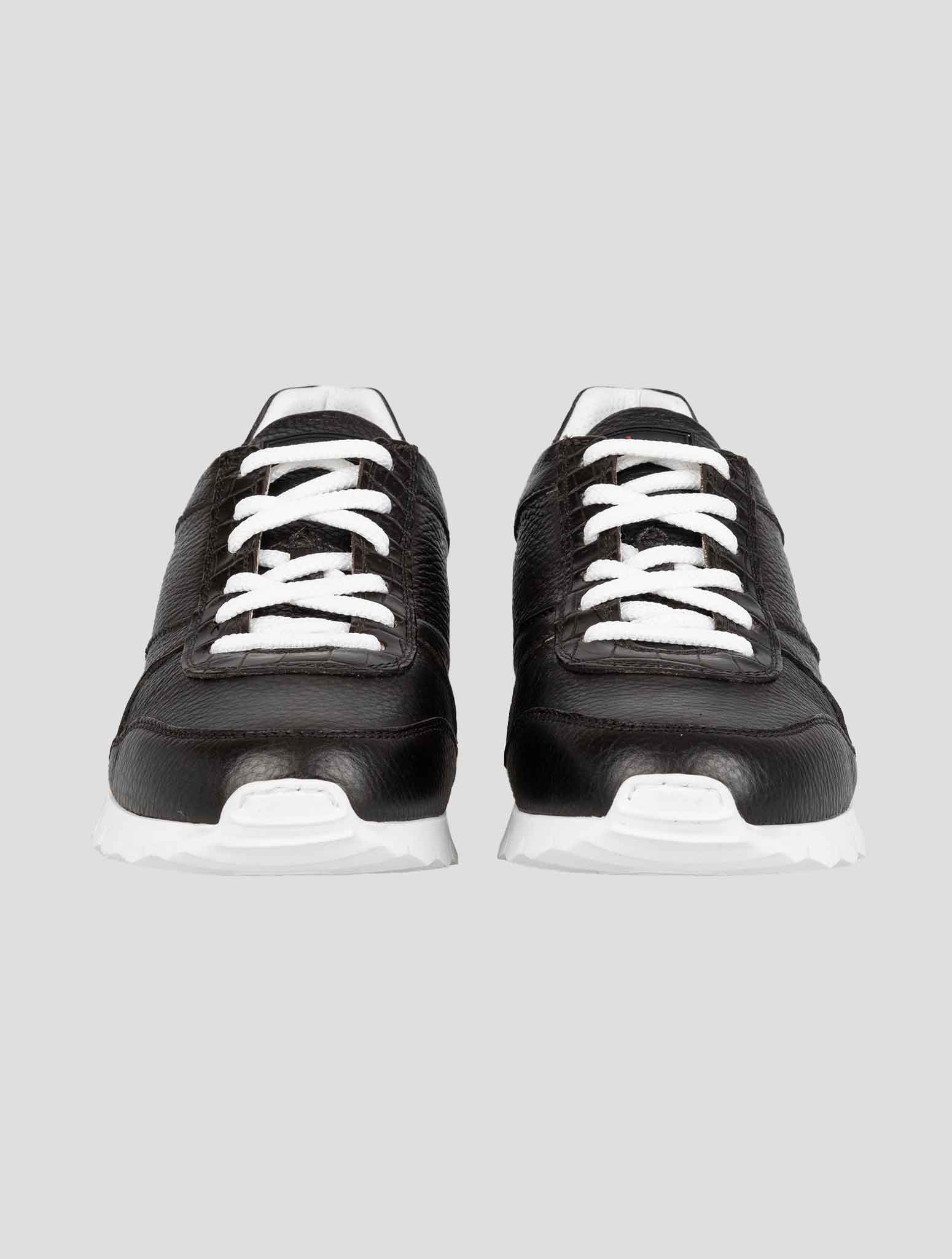 Kiton Black Leather And Leather Crocodyle Sneakers