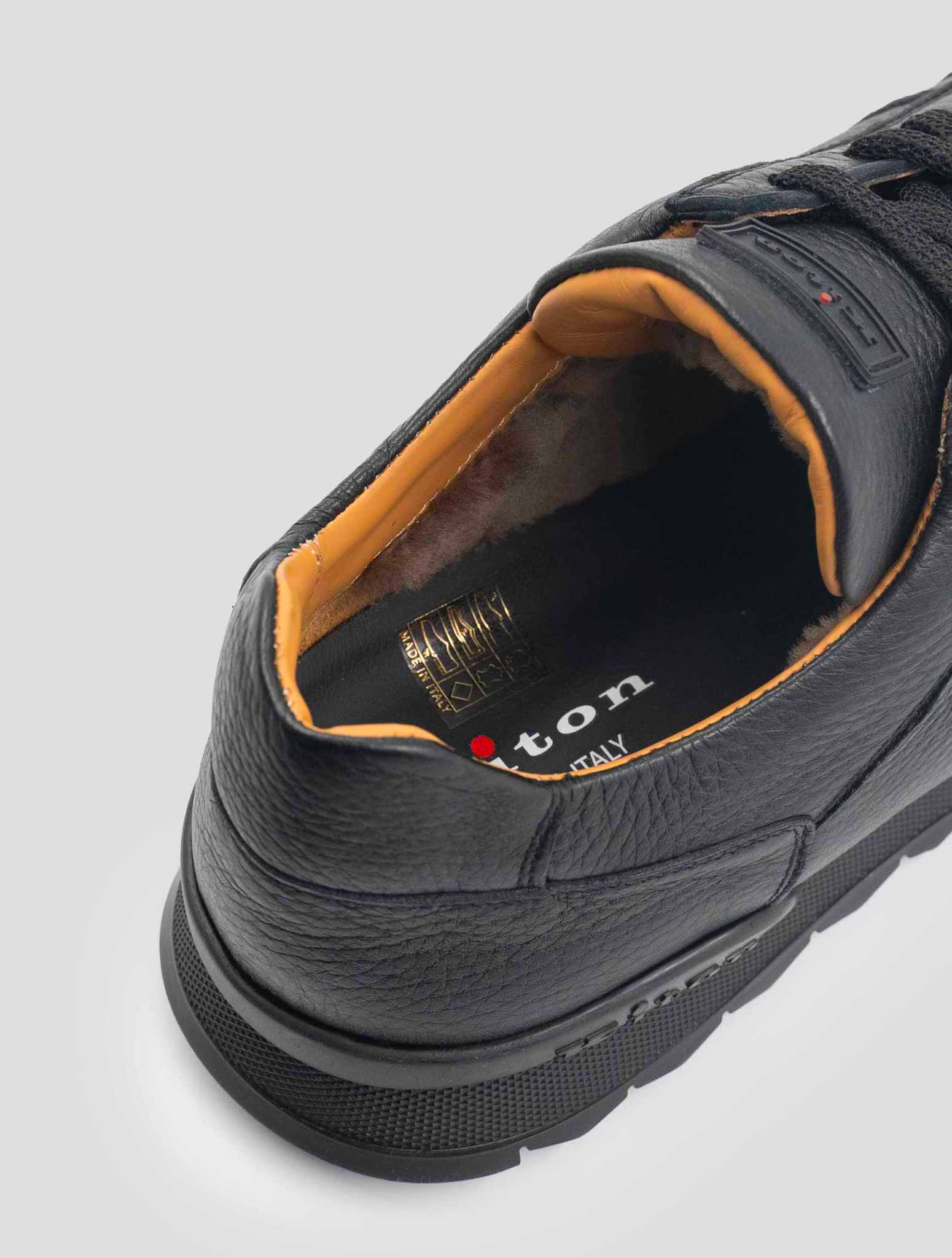 Kiton Black Leather Deer Shearling Fur Sneakers