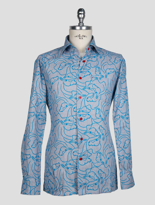 Kiton Gray Light Blue Cotton Shirt
