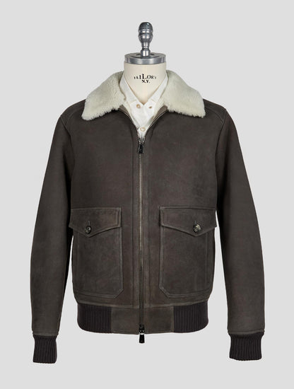 Isaia Dark Gray  Leather Shearling Coat