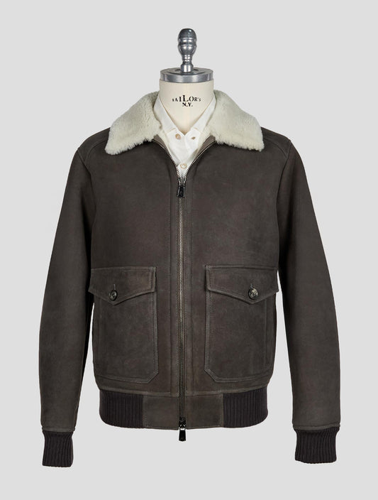 Isaia Dark Gray  Leather Shearling Coat