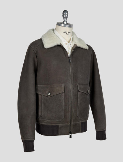 Isaia Dark Gray  Leather Shearling Coat