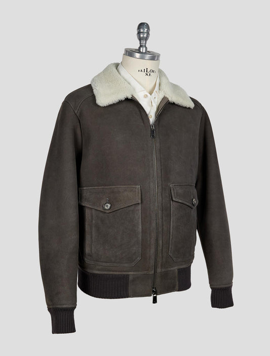 Isaia Dark Gray  Leather Shearling Coat