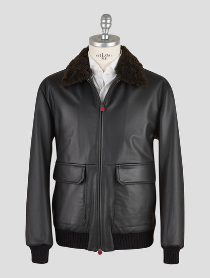 Kiton Black Leather Lamb Leather Shearling Coat