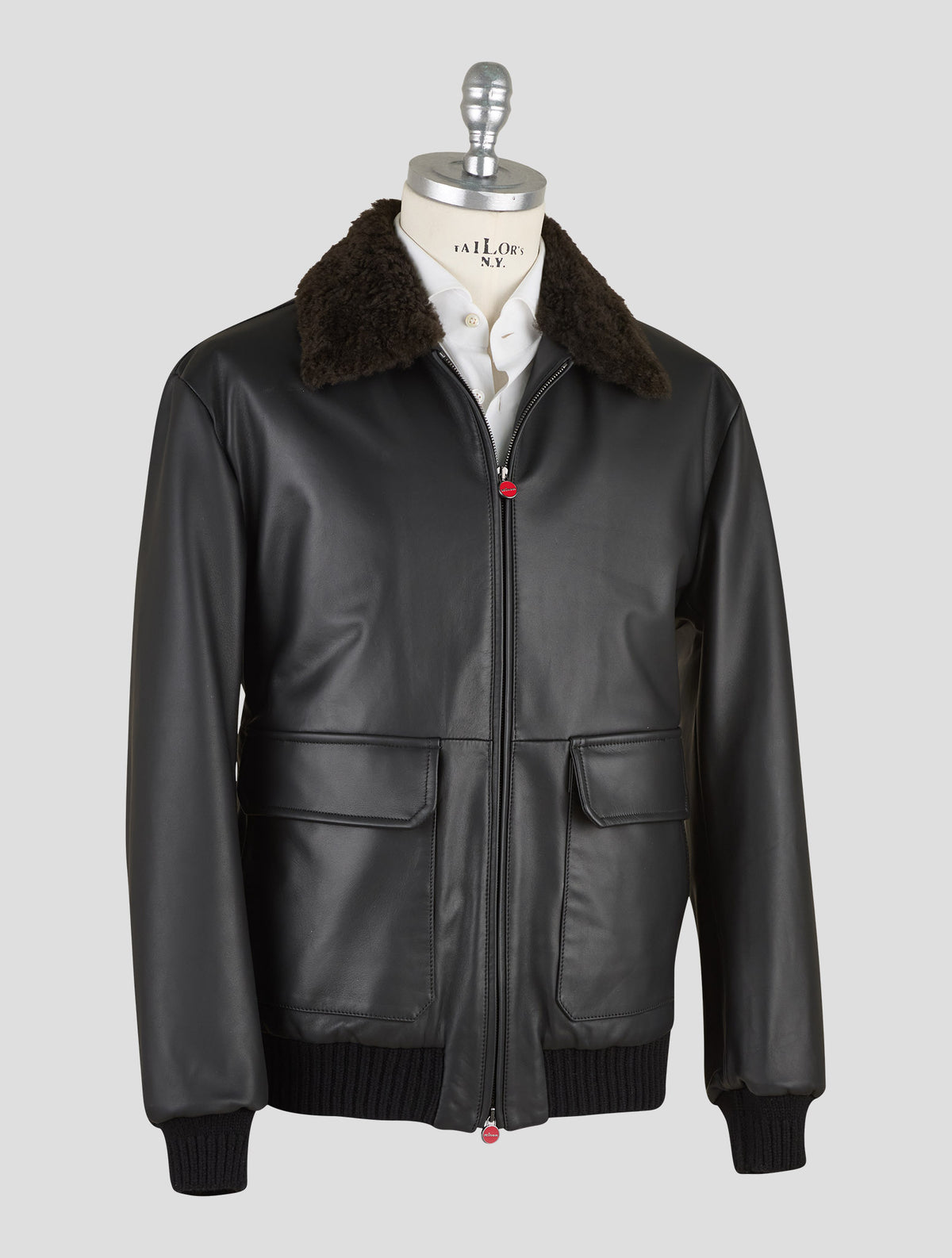Kiton Black Leather Lamb Leather Shearling Coat