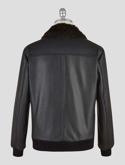 Kiton Black Leather Lamb Leather Shearling Coat