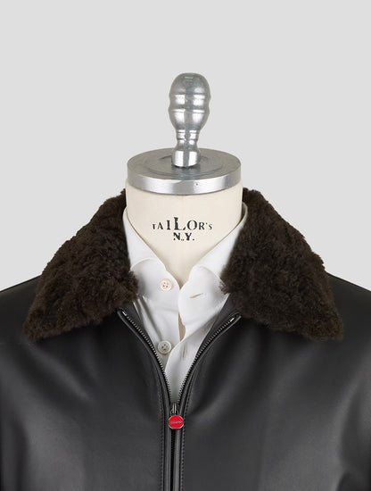 Kiton Black Leather Lamb Leather Shearling Coat