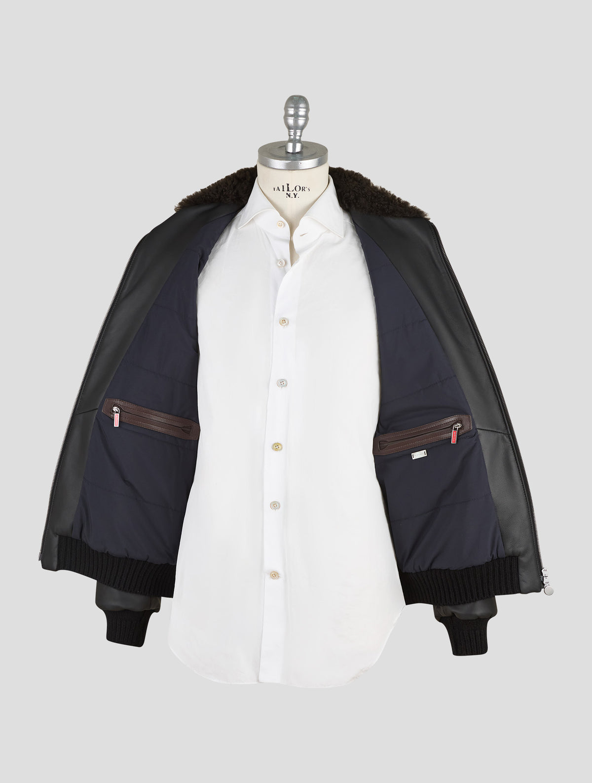 Kiton Black Leather Lamb Leather Shearling Coat
