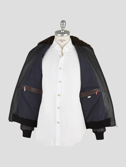 Kiton Black Leather Lamb Leather Shearling Coat