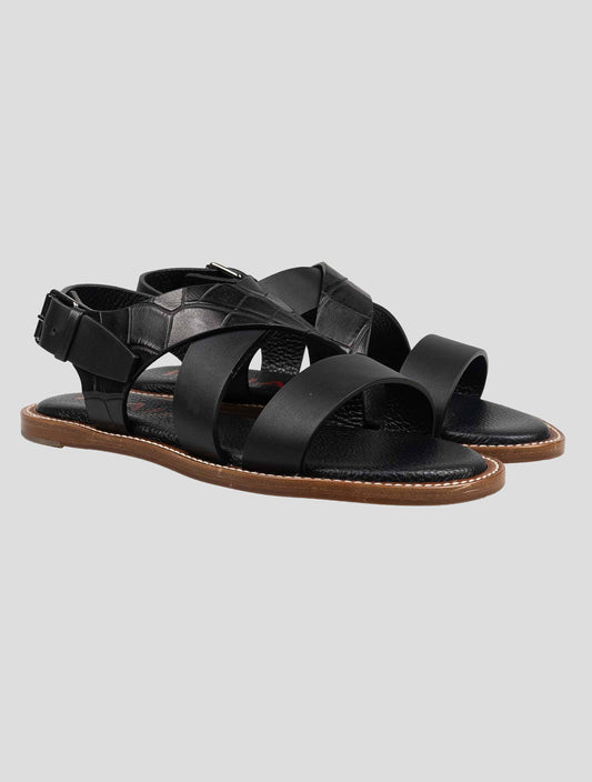 Isaia Black Leather Leather Crocodile Sandals