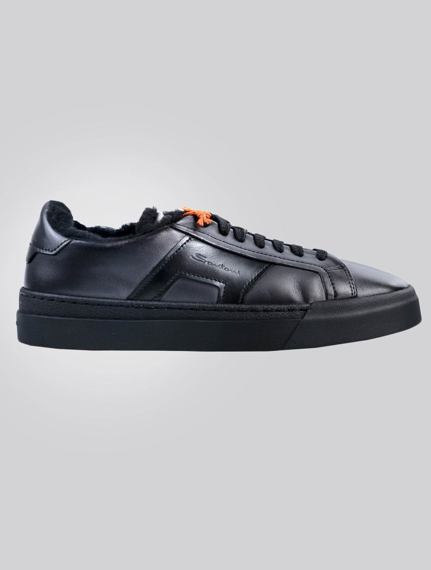 Santoni Black Leather Sheepskin Fur Sneakers