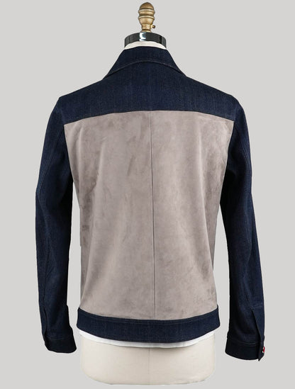Kiton Blue Beige Cotton Ea Leather Denim Suede Coat