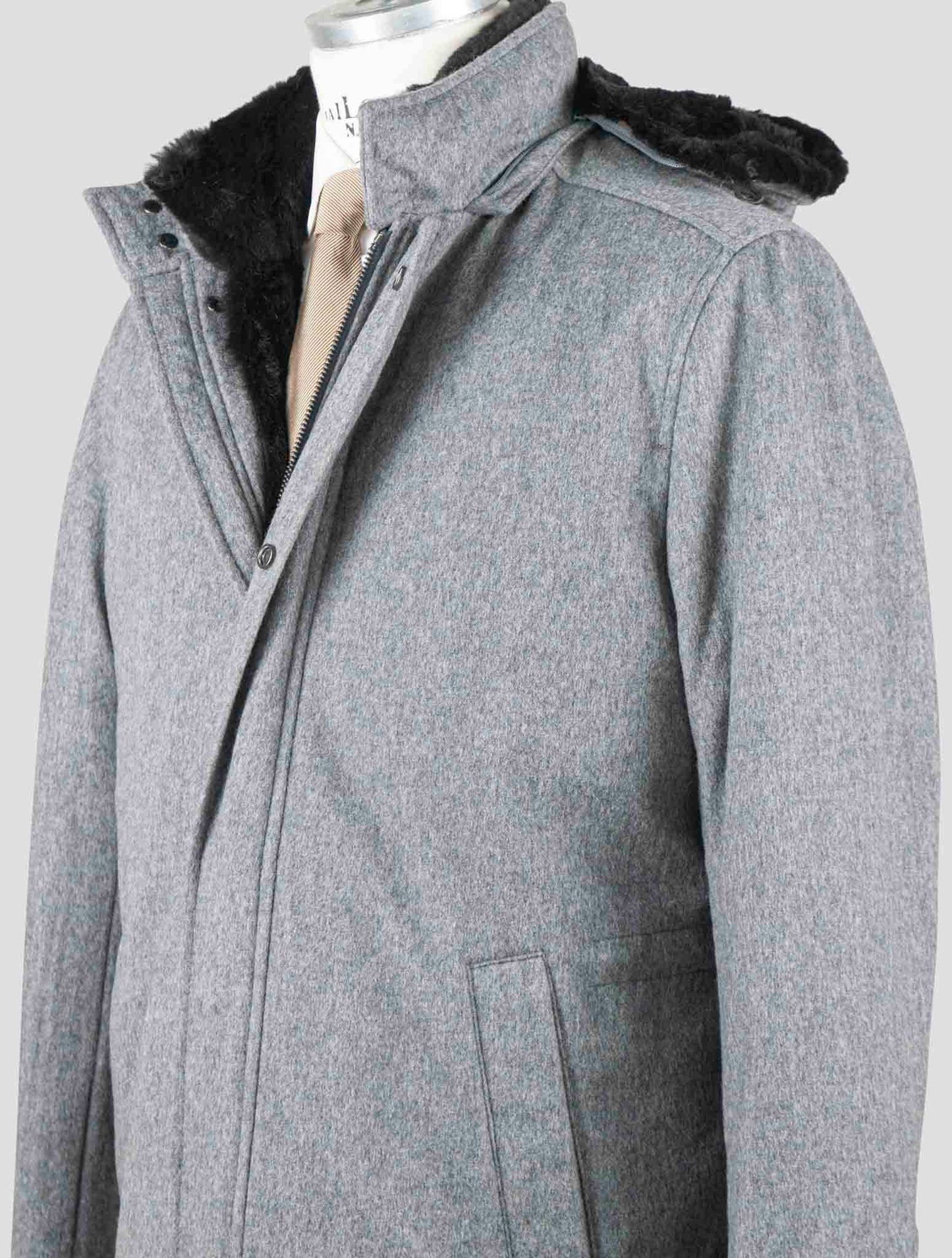 Barba Napoli Gray Virgin Wool Cashmere with Lapin Fur Overcoat