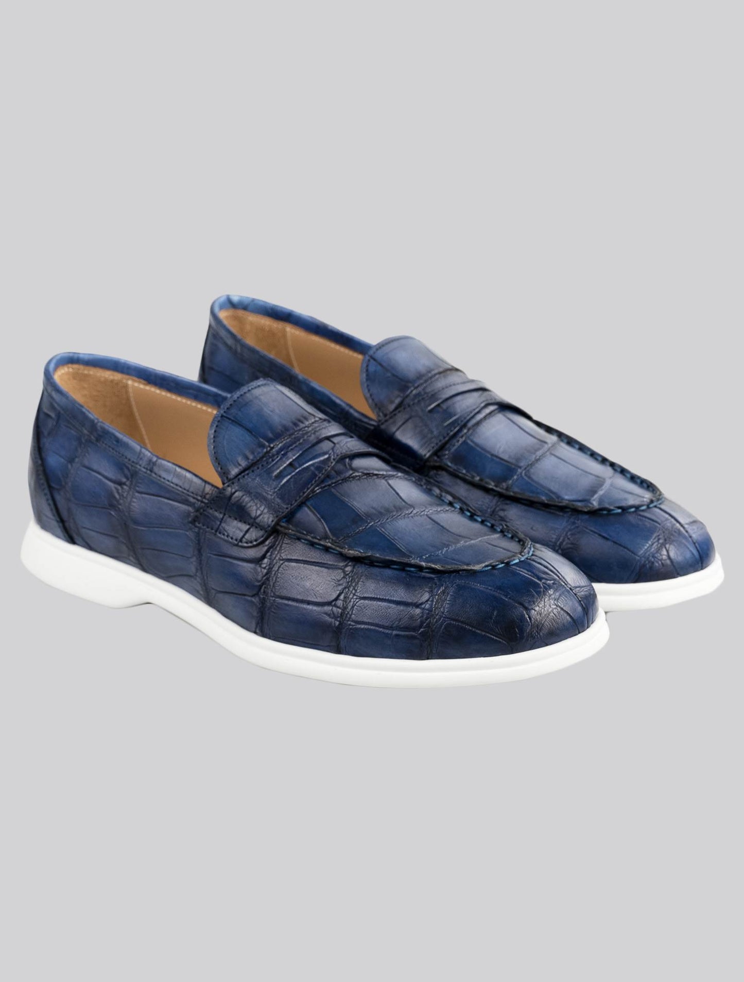 Kiton Blue Leather Crocodile Loafers