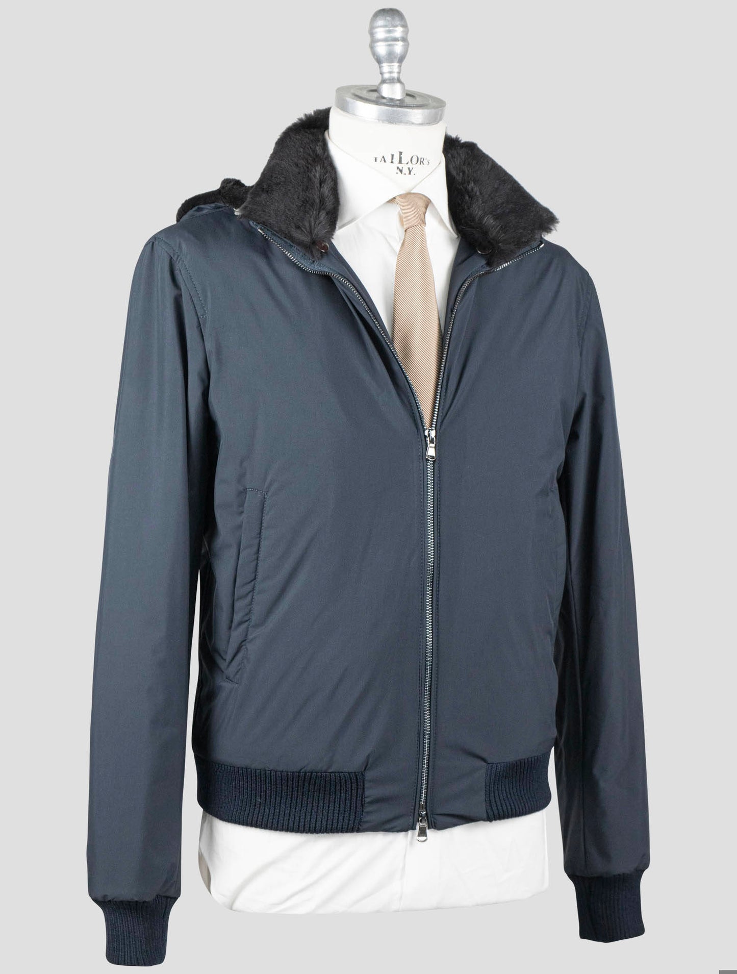 Manteau Barba Napoli bleu en cuir synthétique avec fourrure de lapin