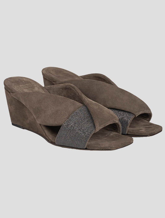 Brunello Cucinelli Brown Leather Suede Sandals