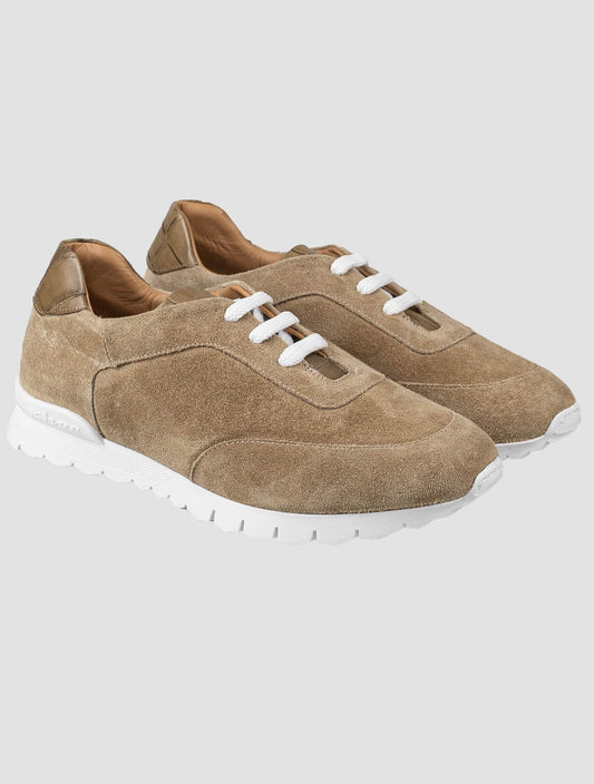 Kiton Beige Leather Crocodile Leather Suede Sneakers