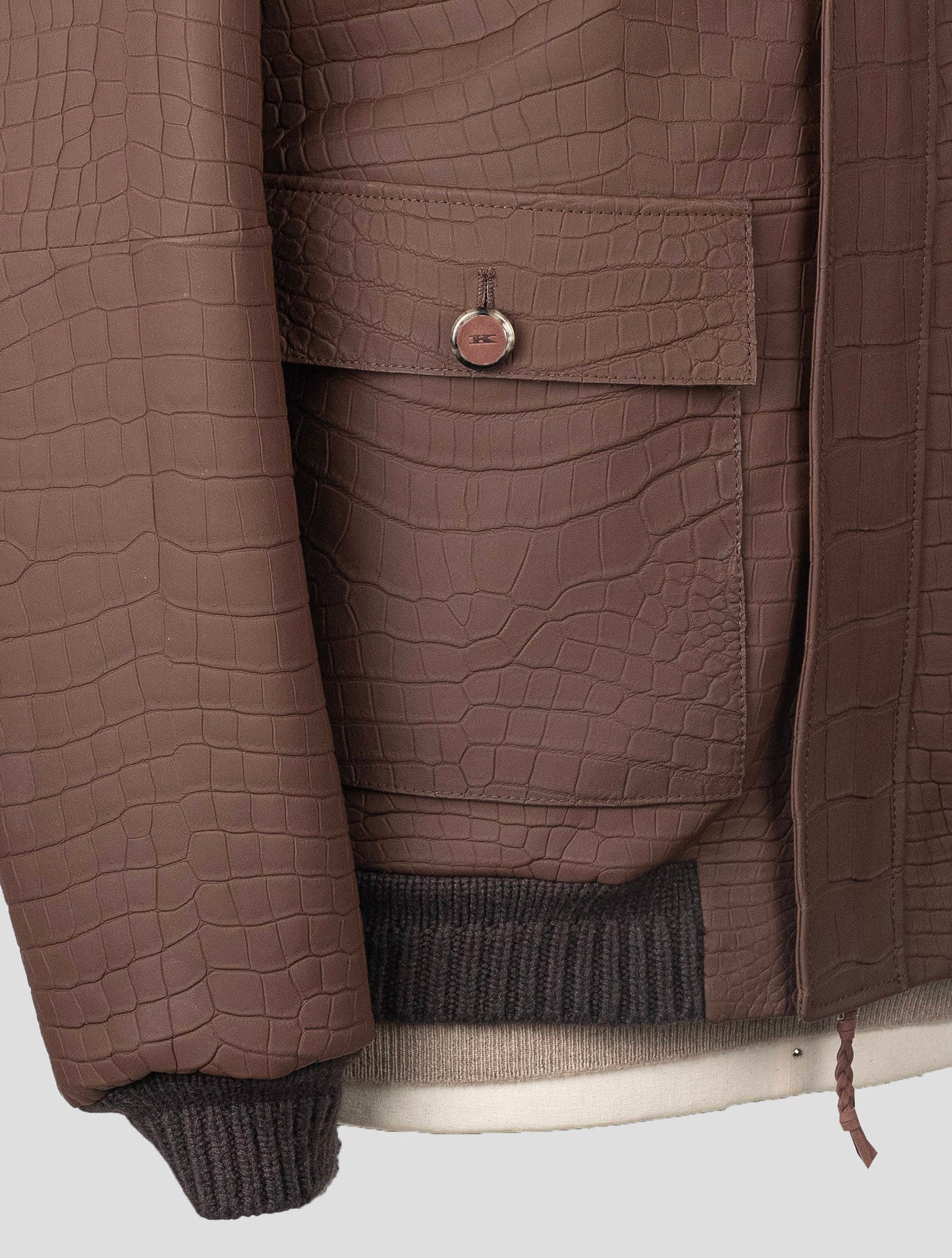 Kiton Brown Leather Crocodile Cashmere Vicuna Coat