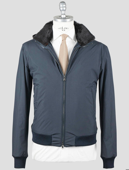 Manteau Barba Napoli bleu en cuir synthétique avec fourrure de lapin