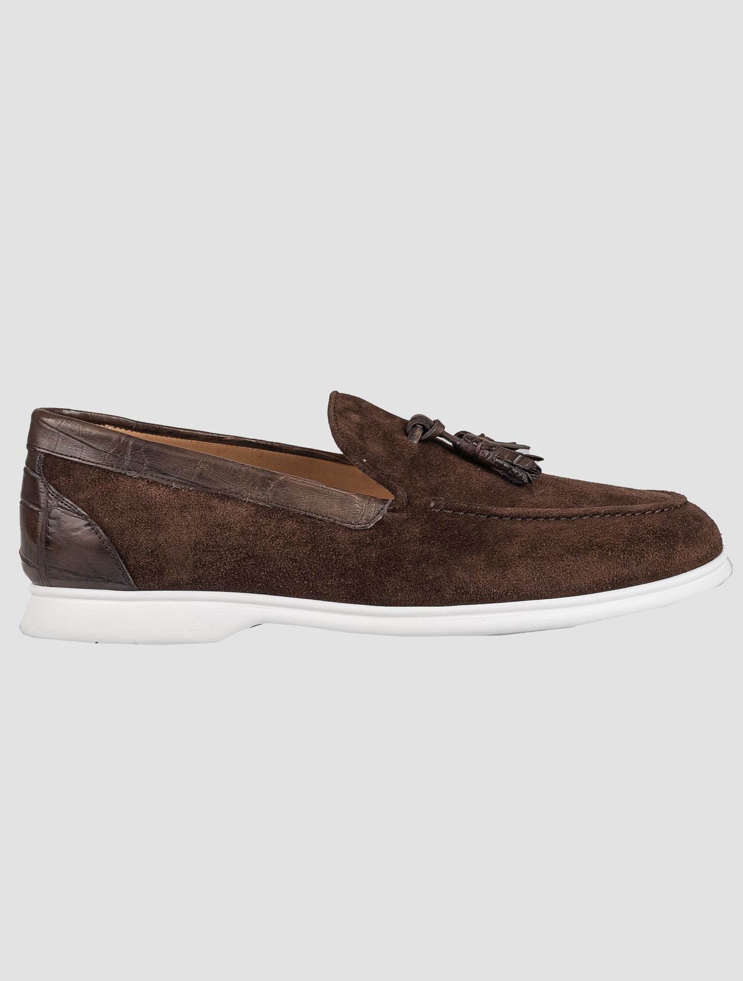 Kiton Brown Leather Crocodile Leather Suede Loafers