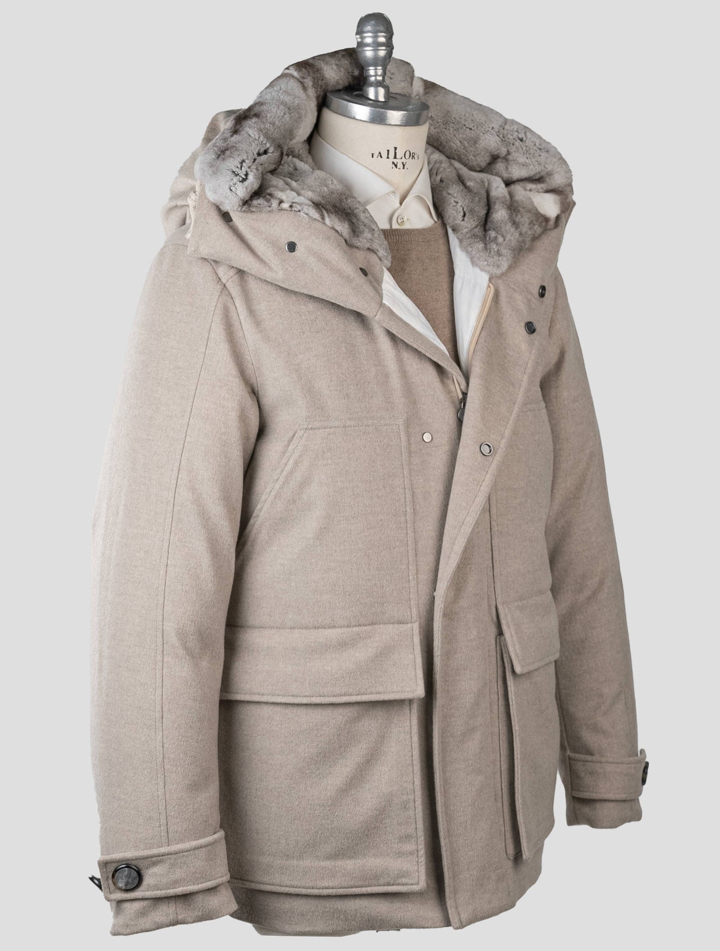 Kiton Beige Cashmere Chinchilla Fur Coat