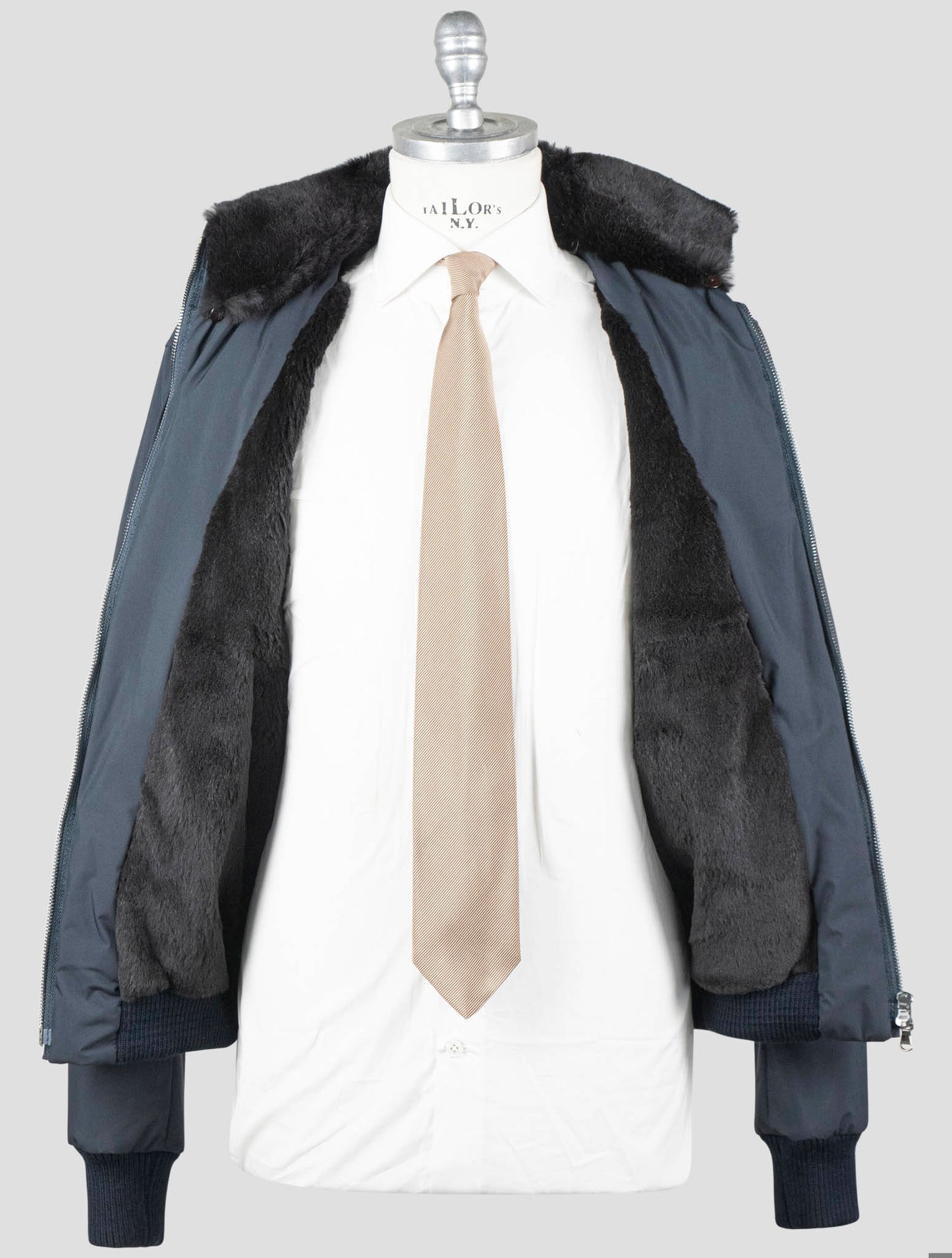 Manteau Barba Napoli bleu en cuir synthétique avec fourrure de lapin