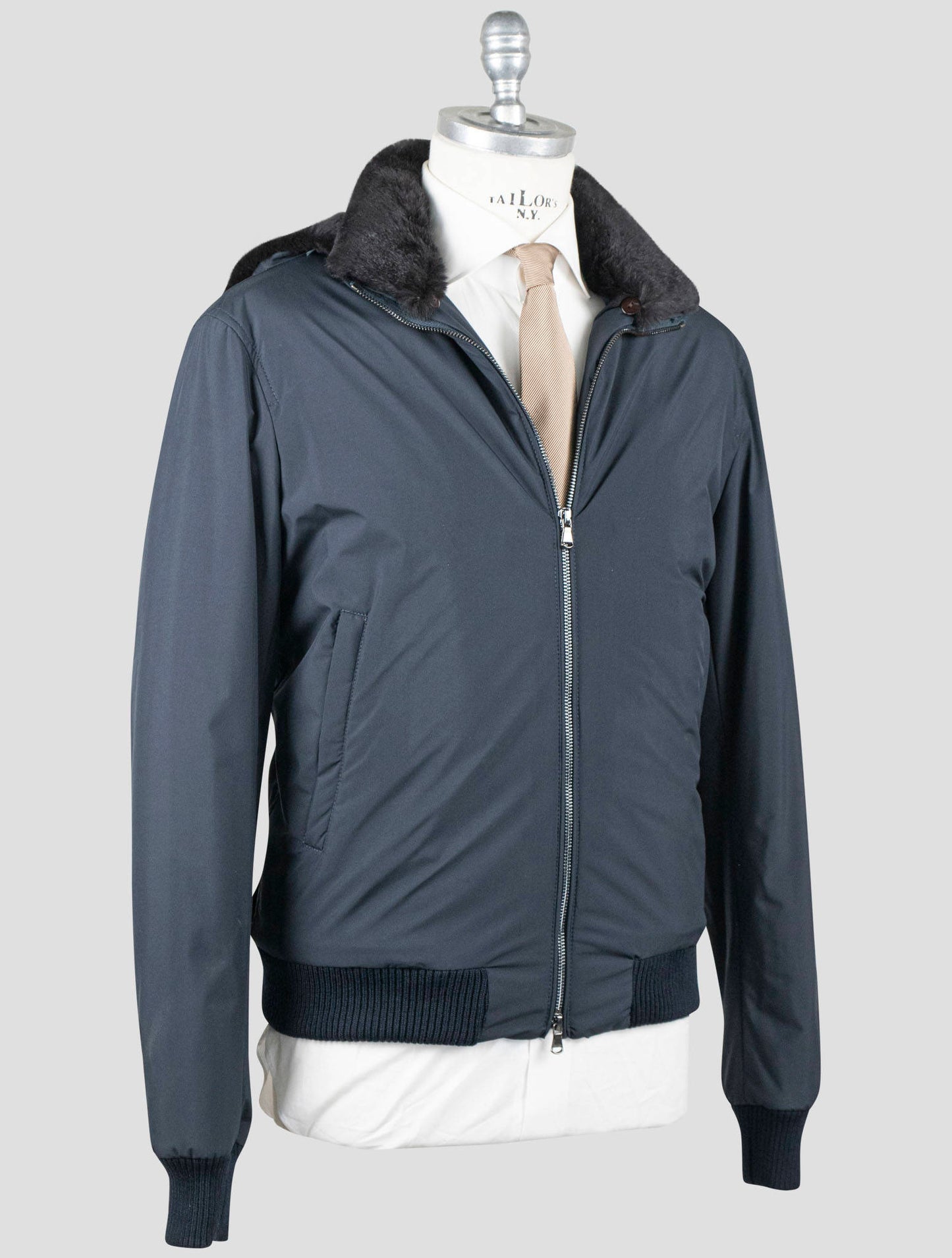 Manteau Barba Napoli bleu en cuir synthétique avec fourrure de lapin