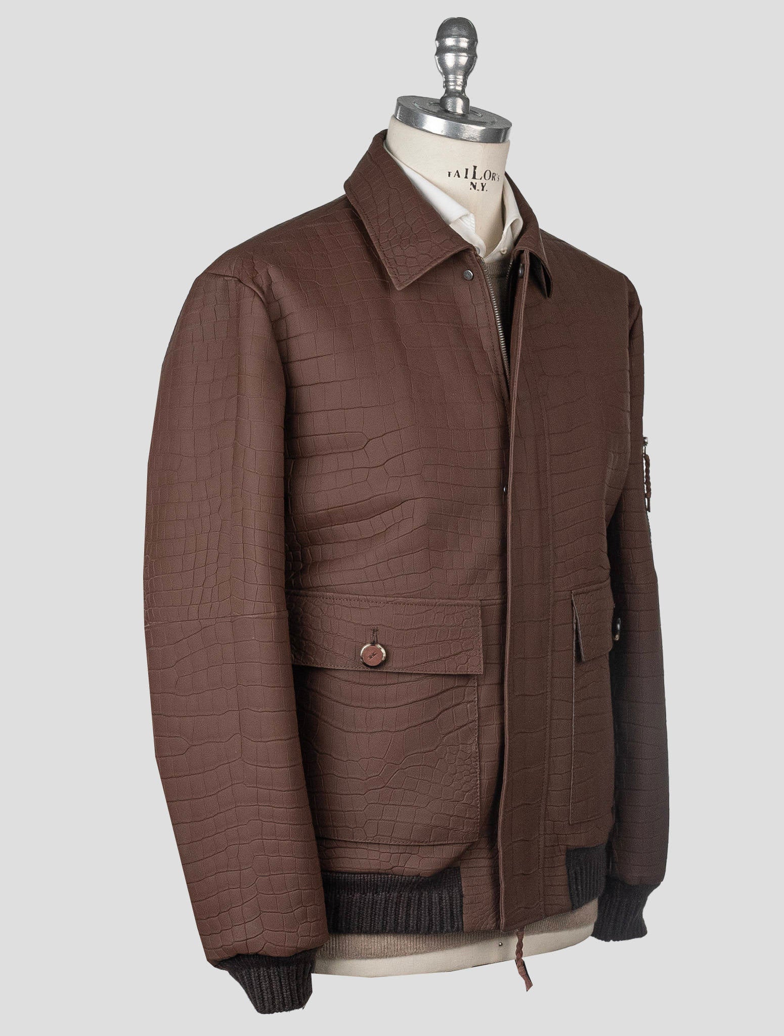 Kiton Brown Leather Crocodile Cashmere Vicuna Coat Side View