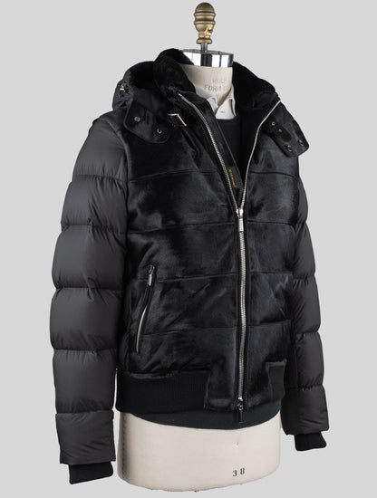 MooRER Black Leather Bos Taurus Sheepskin Collar Coat