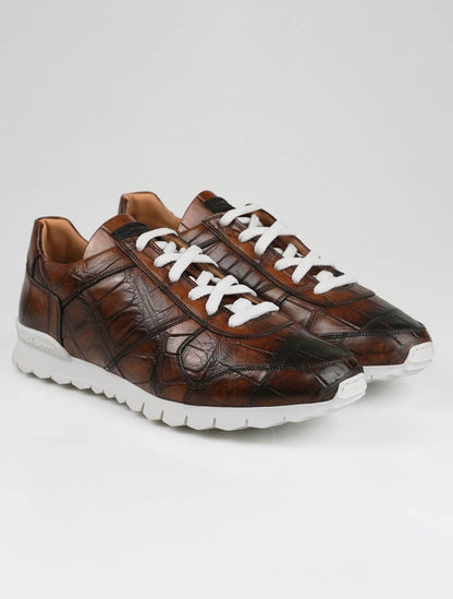 Kiton Brown Leather Crocodile Fur Sheepskin Sneakers