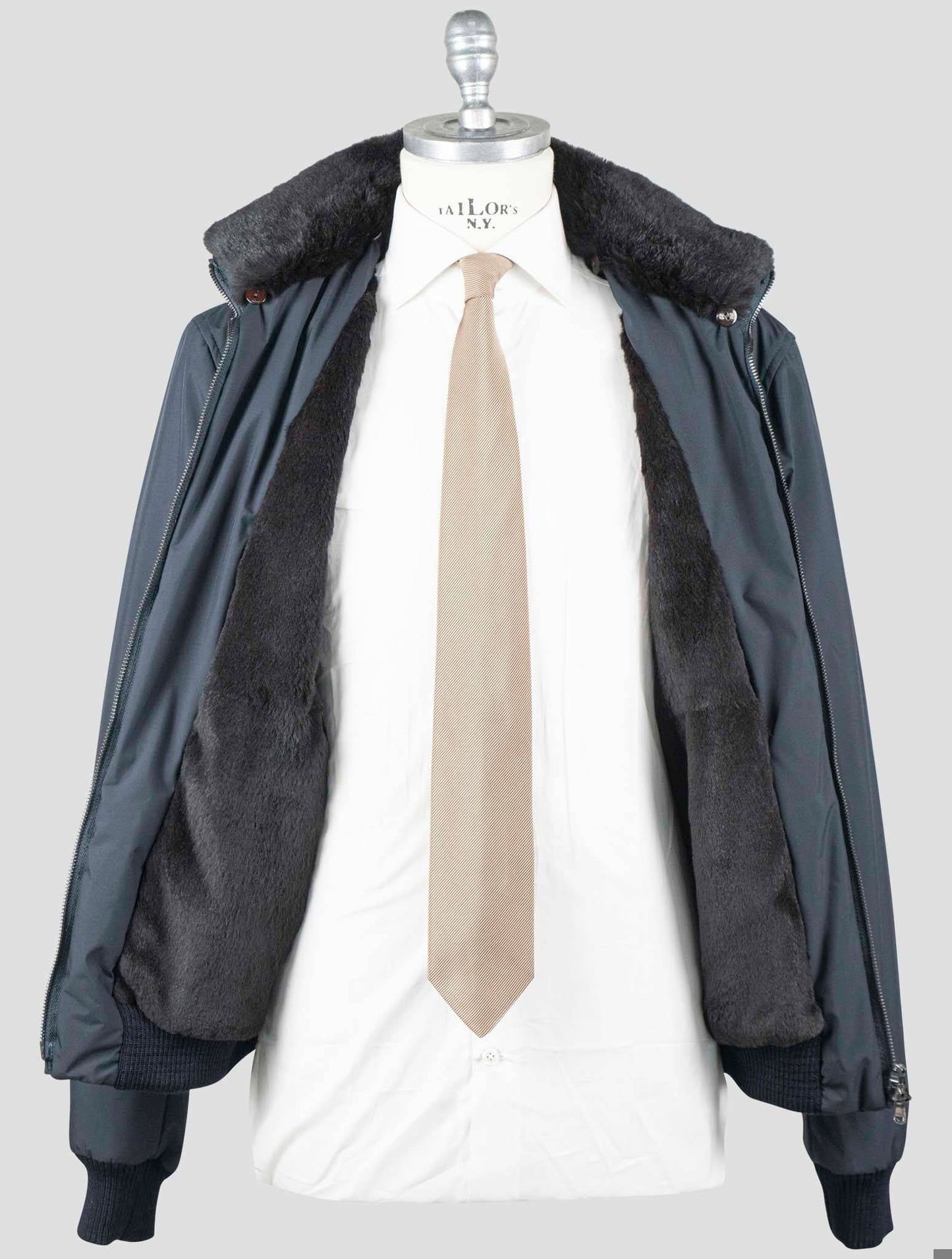 Manteau Barba Napoli bleu en cuir synthétique avec fourrure de lapin