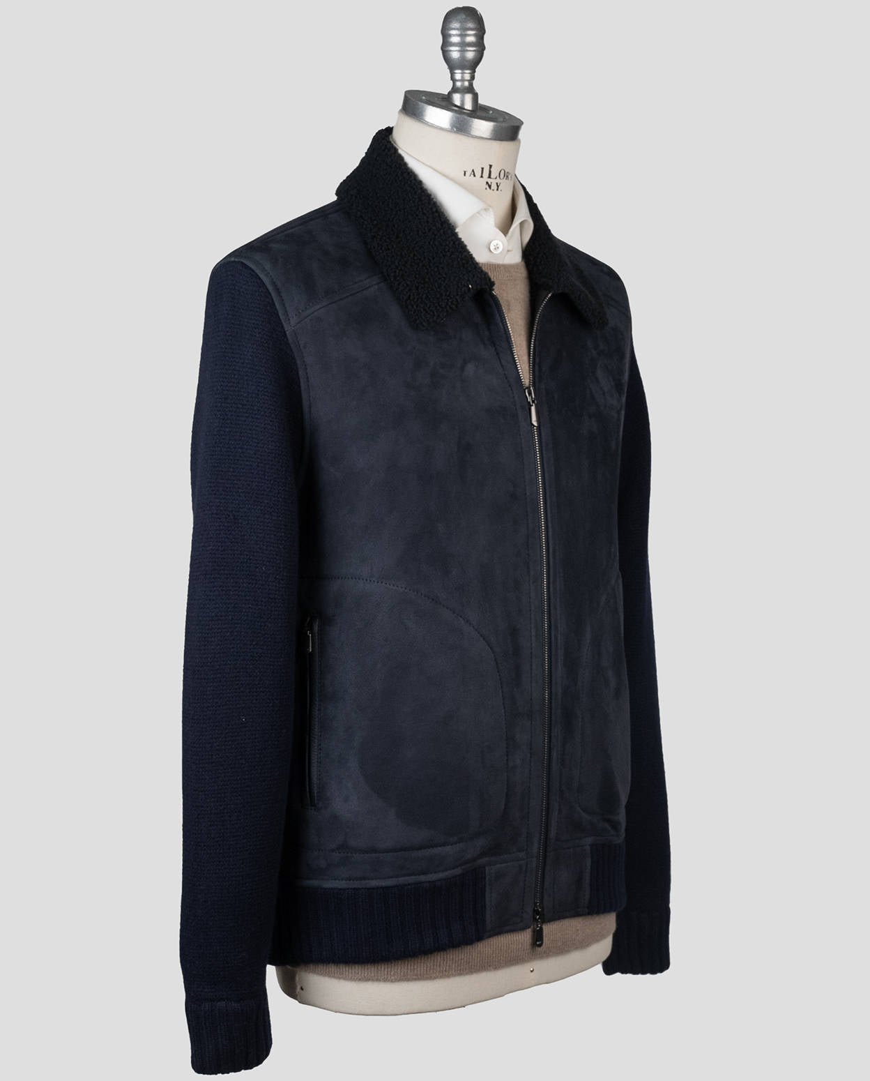 Cesare Attolini Blue Wool Cashmere Sheepskin Coat Detail