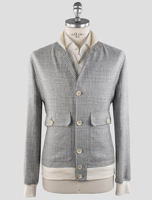 Brunello Cucinelli Bílý šedý lněný vlněný hedvábný kabát