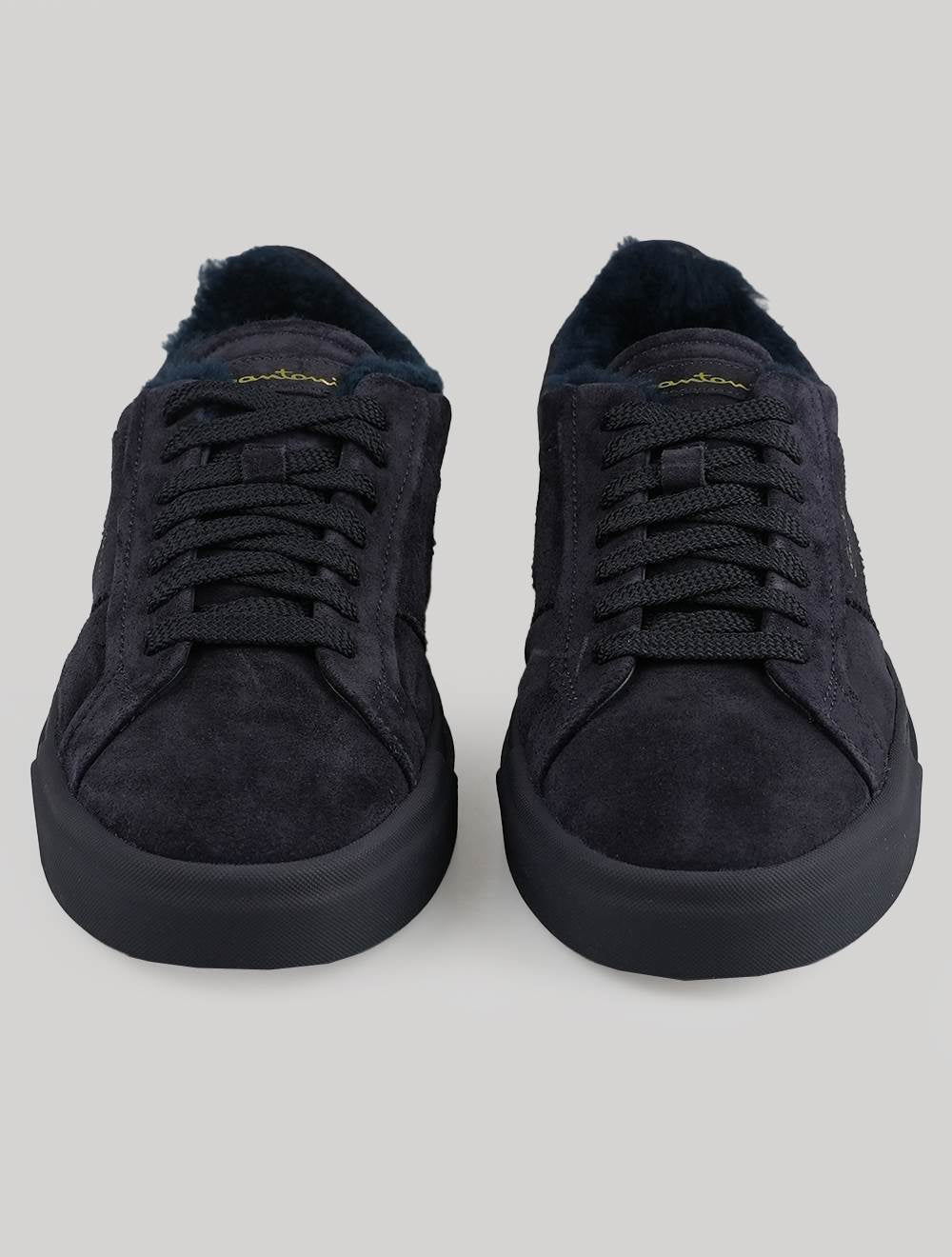 Santoni Blue Leather Suede Sheepskin Fur Sneakers