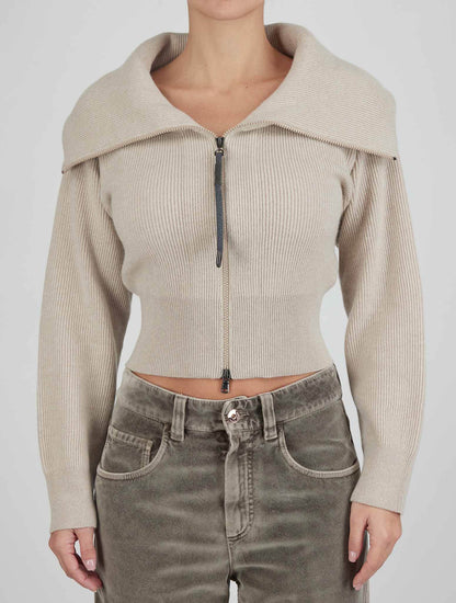 Brunello Cucinelli Cashmere Beige Sweaters Full Zip Kvinna