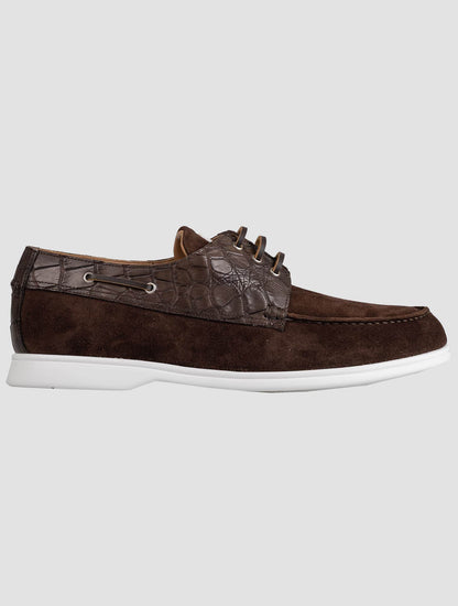 Kiton Brown Leather Crocodile Leather Suede Loafers