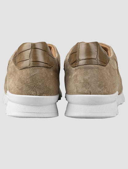 Kiton Beige Leather Crocodile Leather Suede Sneakers