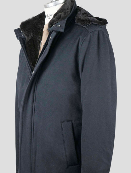 Manteau Barba Napoli en laine vierge et cachemire bleu foncé avec fourrure de lapin