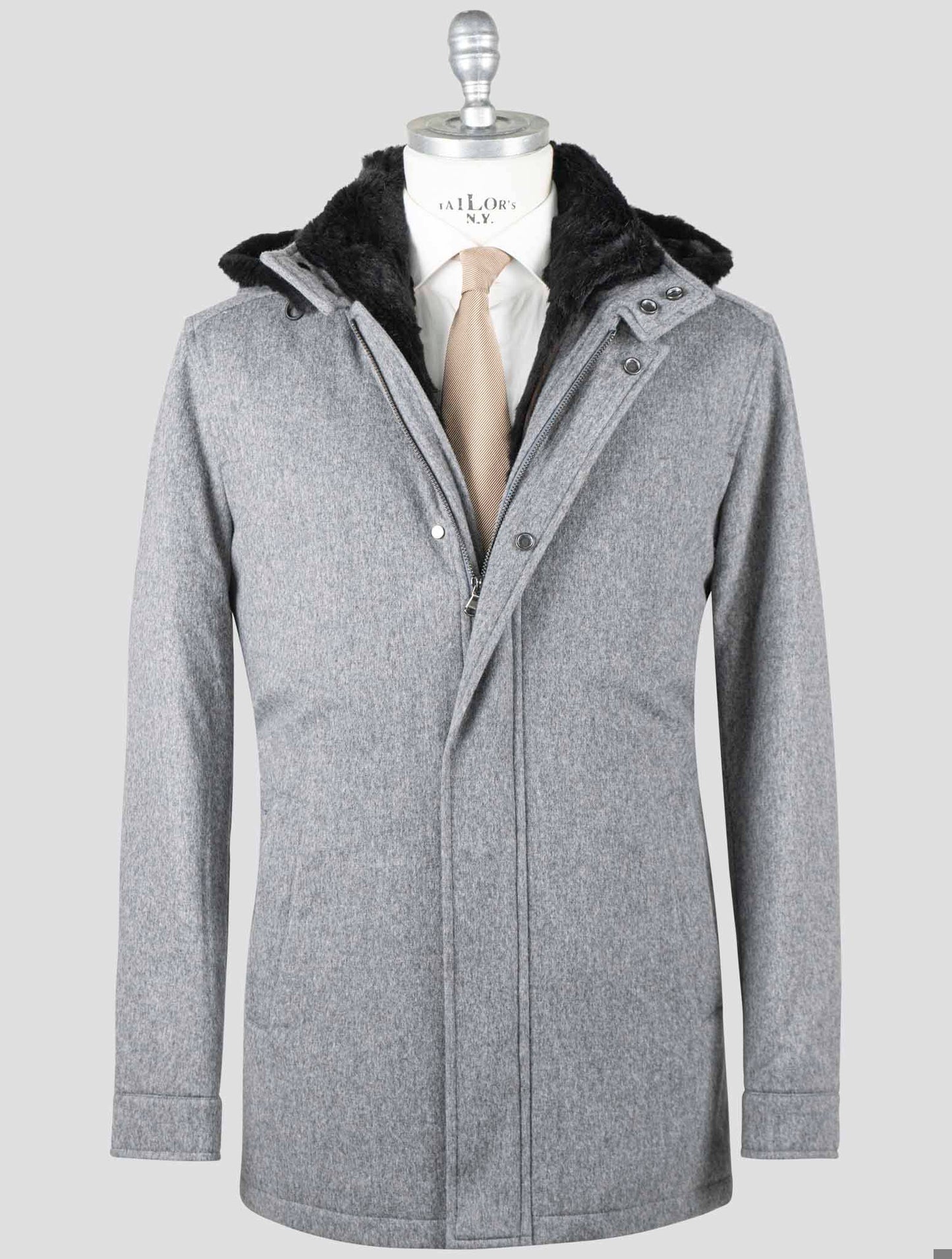 Manteau en laine vierge et cachemire gris Barba Napoli avec fourrure de lapin